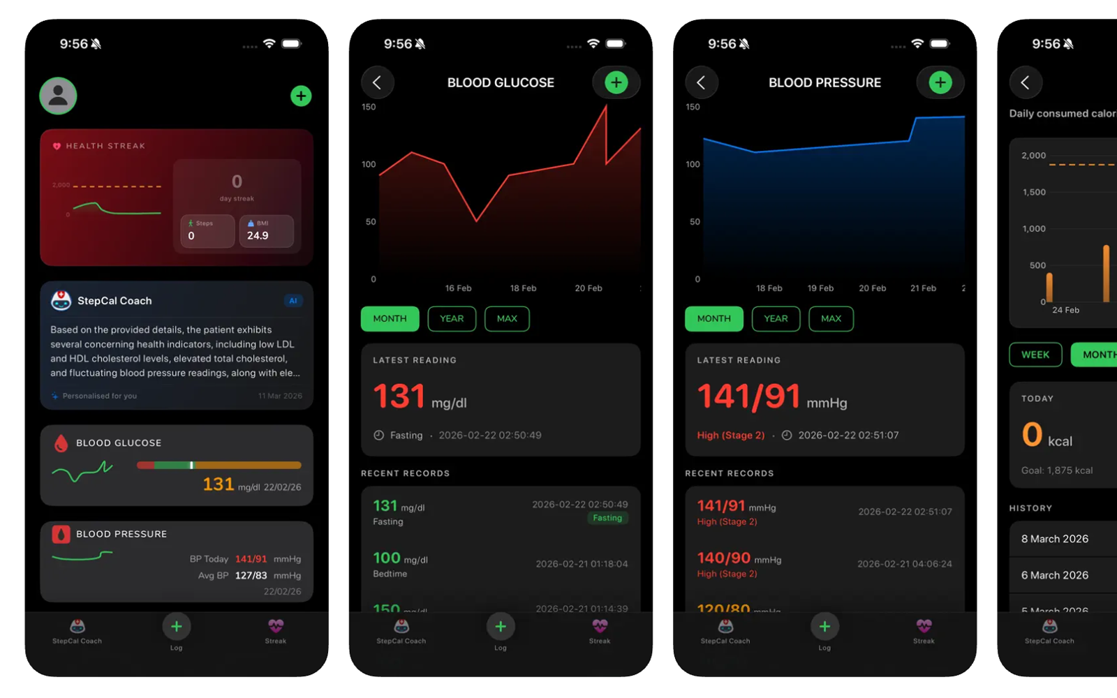 StepCal health app screens on a phone