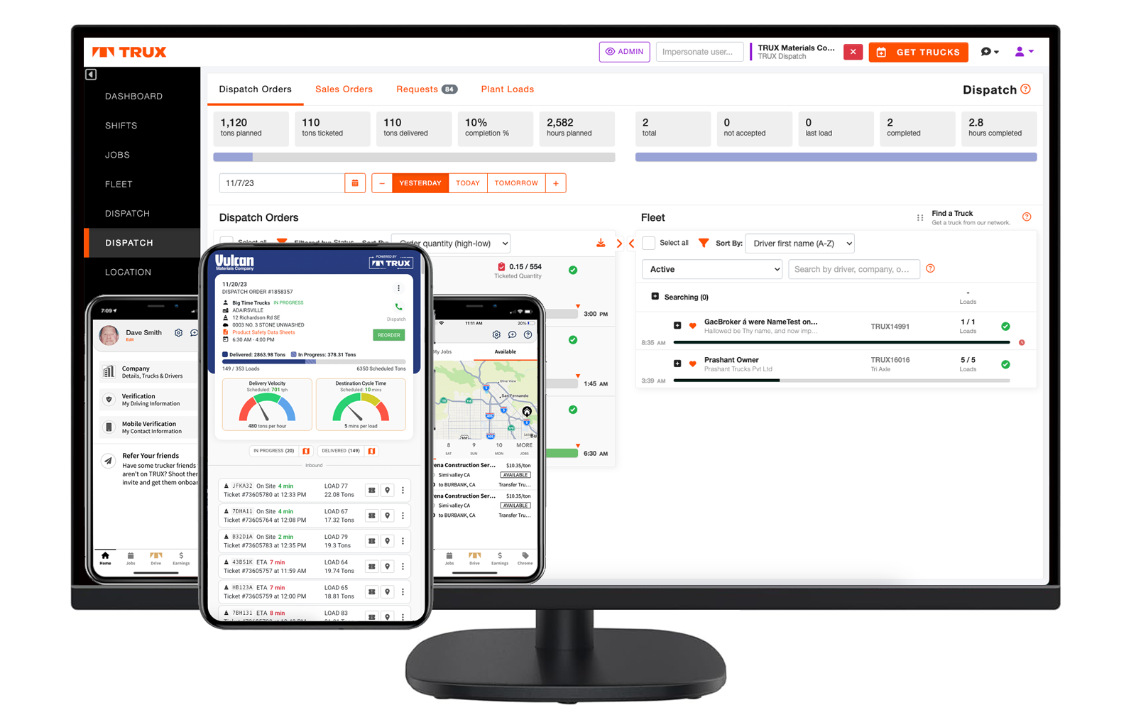 TRUX web platform showing hauling jobs and dispatch screens